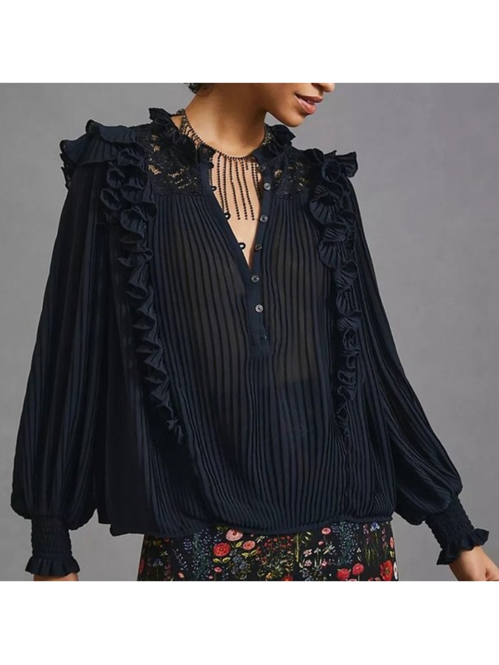 Anthropologie Pleated Ruffled Blouse in Black Lace & Ruffles Size M